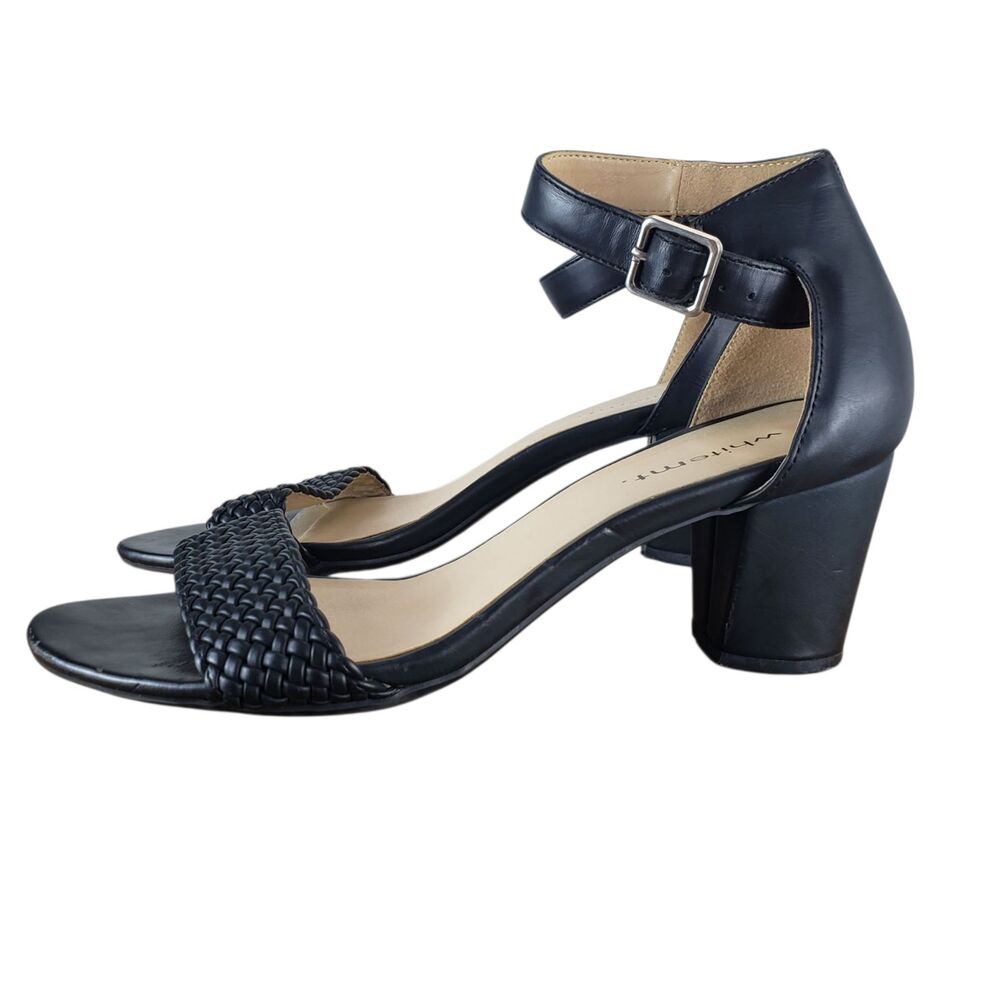 White Mountain Black Braided Ankle Strap Block Heel Sandals